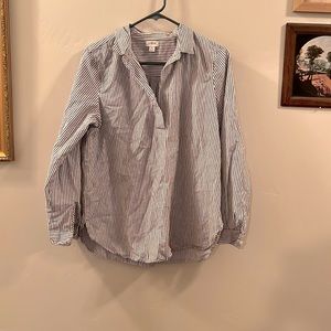Women's Long Sleeved Blouse, V Neck, Stripes, Blue, White, Buttons at Cuffs